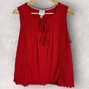 Knox Rose Eyelet Tassel‎ Cut Out Red Blouse V-Neck Womens Size Large Top Boho L